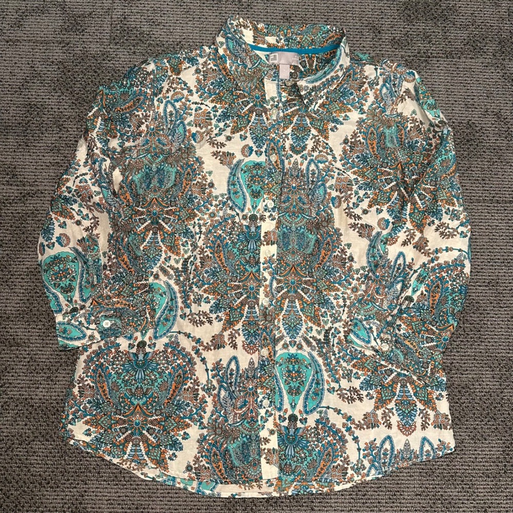 JCP Silk Blend Paisley Button Down Shirt Teal Orange Womens Large 3/4 Sleeve